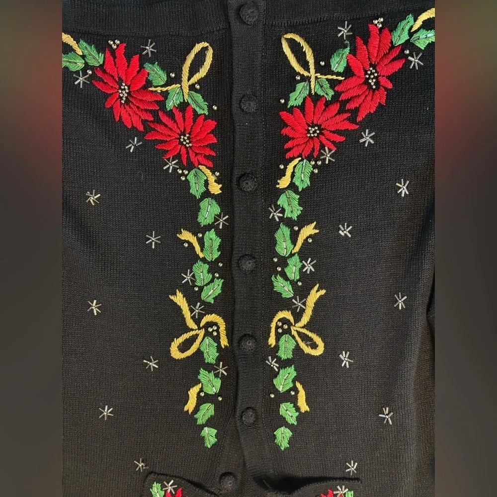 Vintage Black Christmas Cardigan Poinsettia Embroidered Beaded L-XL Cozy Cottage